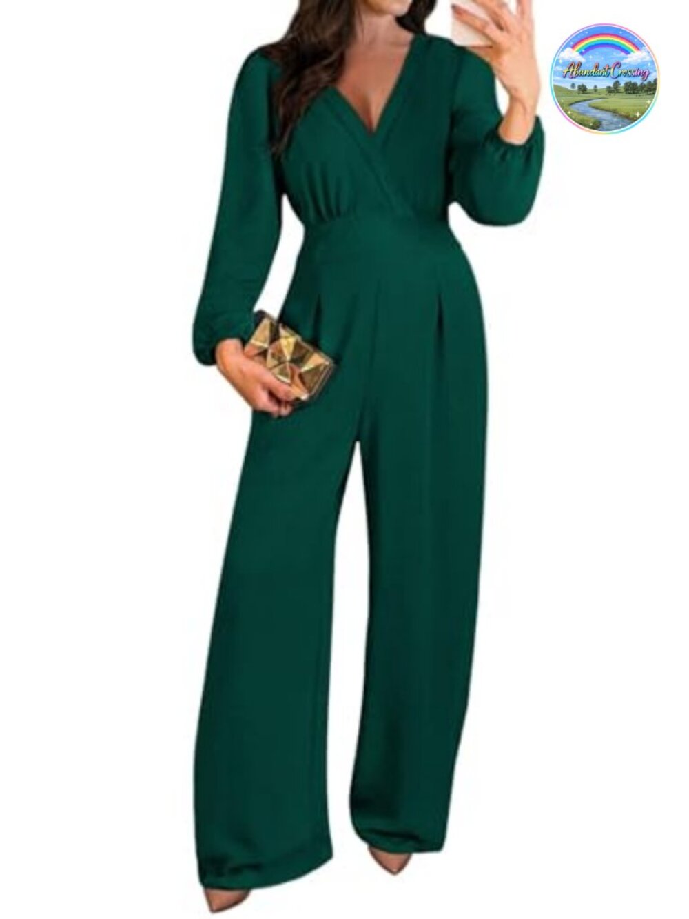 Pink Queen Women's Jumpsuit V-Neck Long Sleeve Wide Leg Romper with Pockets